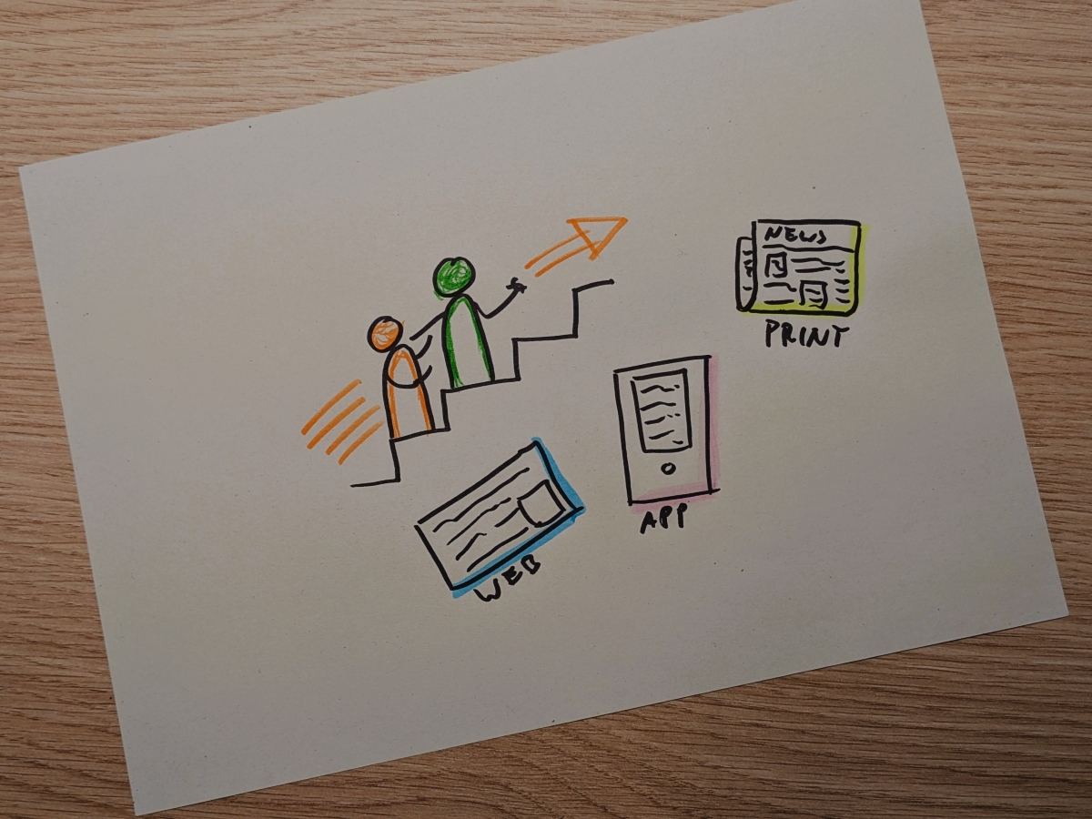 Zwei Menschen die eine Treppe hoch gehen, eine Person begleitet die andere